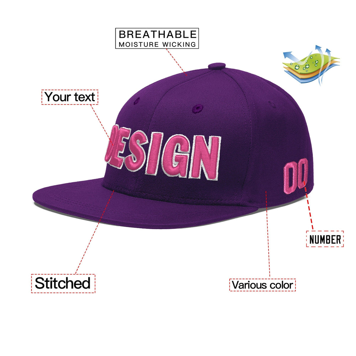 Custom Purple 3D Puff Embroidery Flat Embroidery Casual Sport Baseball Cap