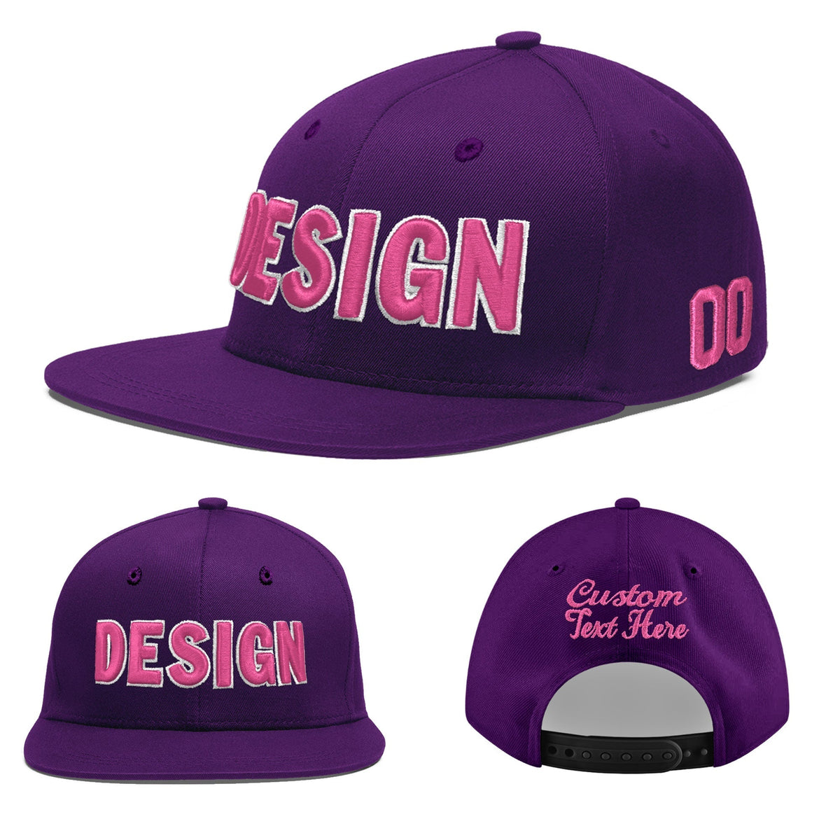 Custom Purple 3D Puff Embroidery Flat Embroidery Casual Sport Baseball Cap