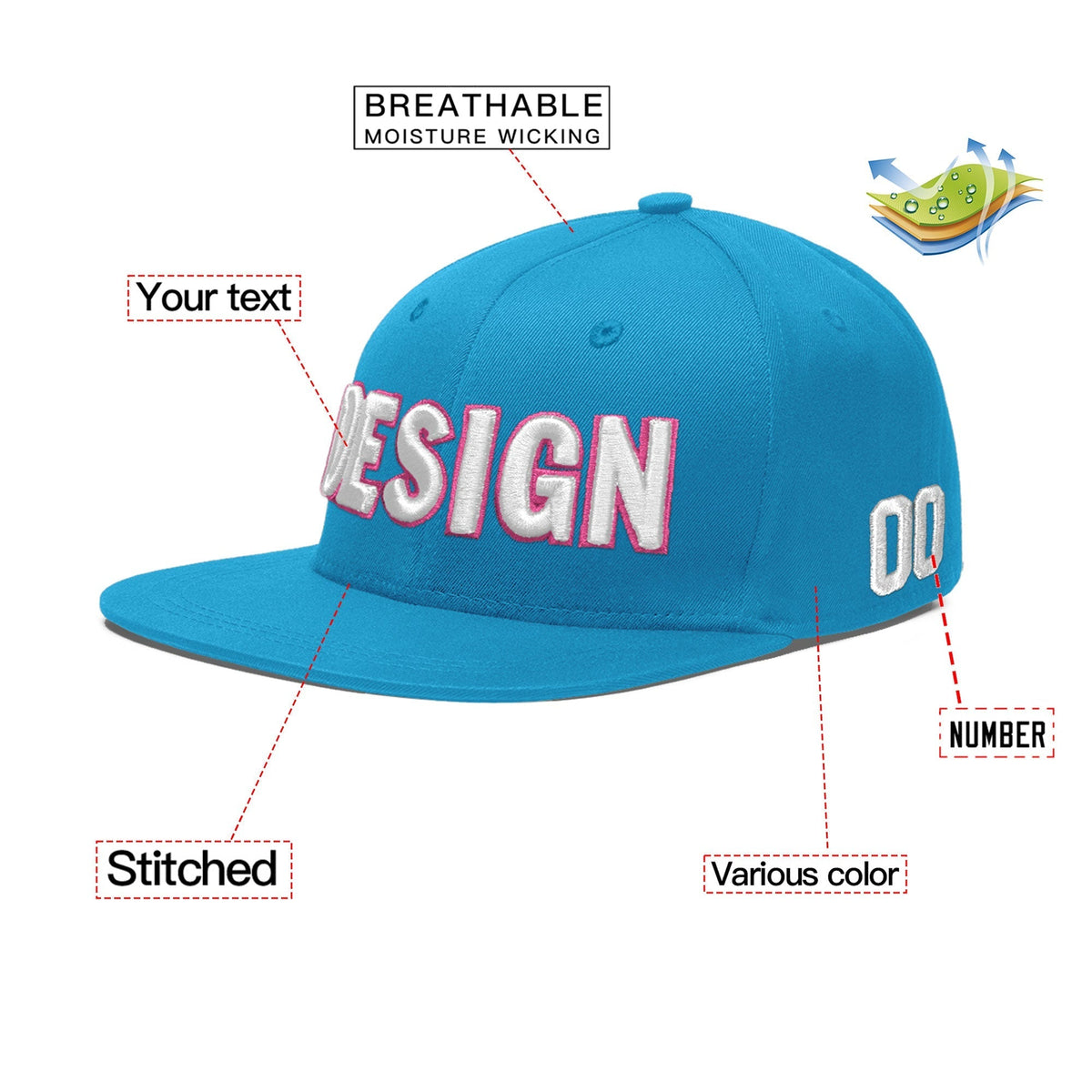 Custom Light Blue 3D Puff Embroidery Flat Embroidery Casual Sport Baseball Cap
