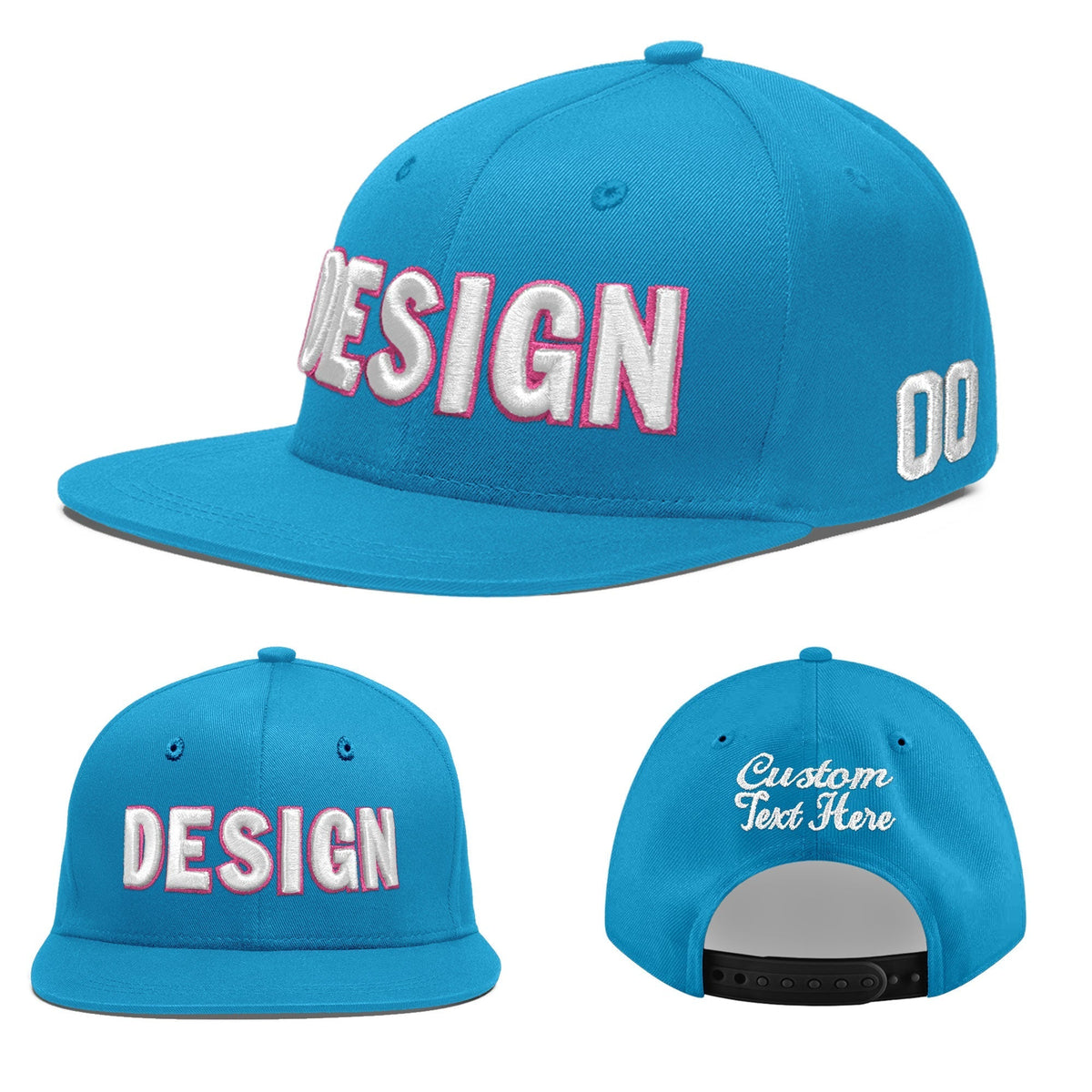 Custom Light Blue 3D Puff Embroidery Flat Embroidery Casual Sport Baseball Cap