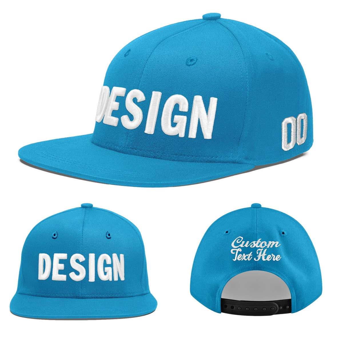 Custom Light Blue 3D Puff Embroidery Flat Embroidery Casual Sport Baseball Cap
