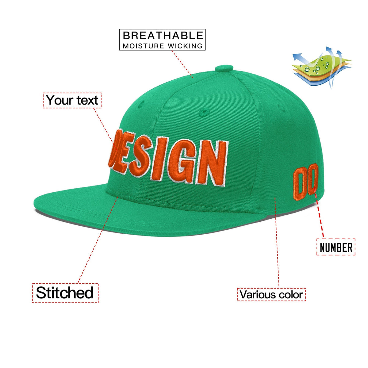 Custom Aqua 3D Puff Embroidery Flat Embroidery Casual Sport Baseball Cap