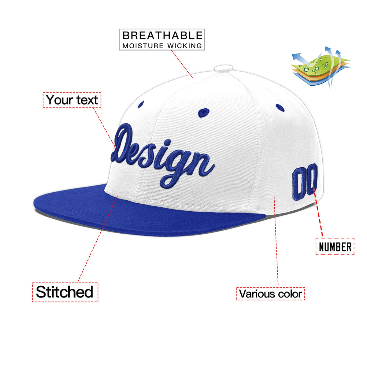 Custom White Royal Blue 3D Puff Embroidery Flat Embroidery Casual Sport Baseball Cap