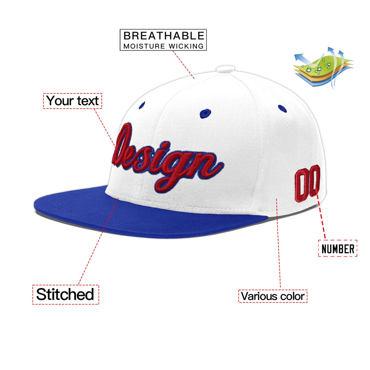 Custom White Royal Blue 3D Puff Embroidery Flat Embroidery Casual Sport Baseball Cap