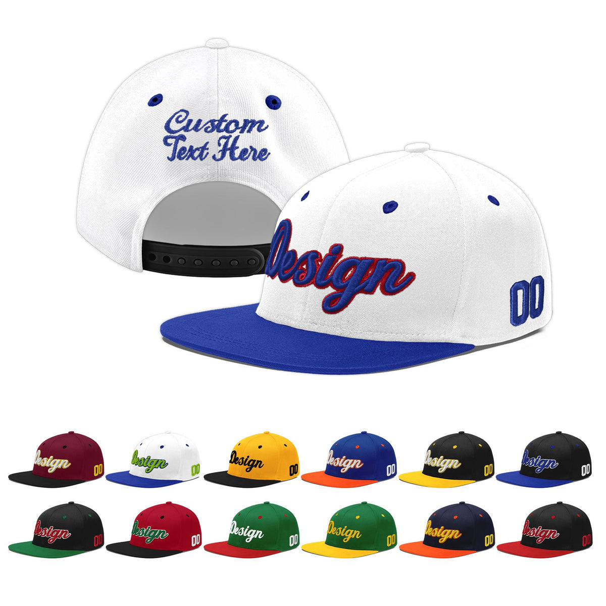 Custom White Royal Blue 3D Puff Embroidery Flat Embroidery Casual Sport Baseball Cap