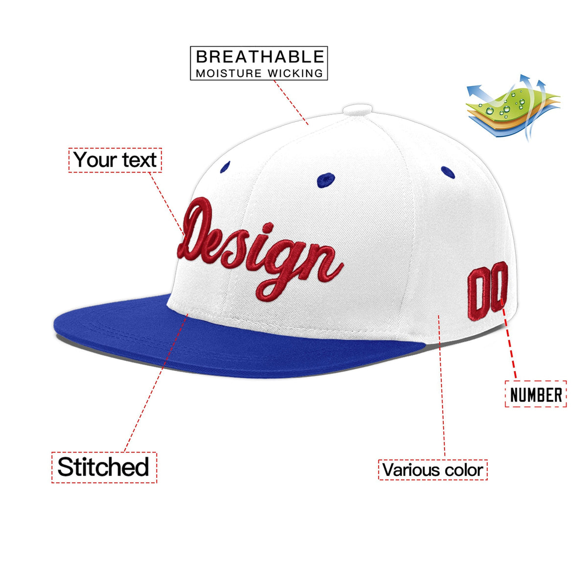 Custom White Royal Blue 13D Puff Embroidery Flat Embroidery Casual Sport Baseball Cap