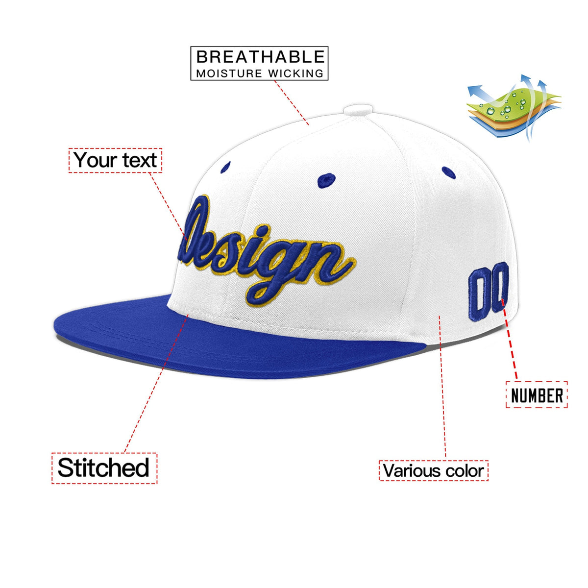 Custom White Royal Blue 13D Puff Embroidery Flat Embroidery Casual Sport Baseball Cap