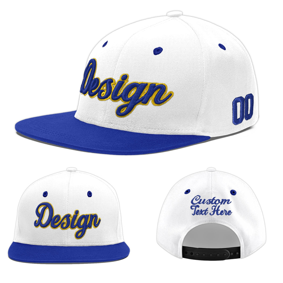 Custom White Royal Blue 12D Puff Embroidery Flat Embroidery Casual Sport Baseball Cap