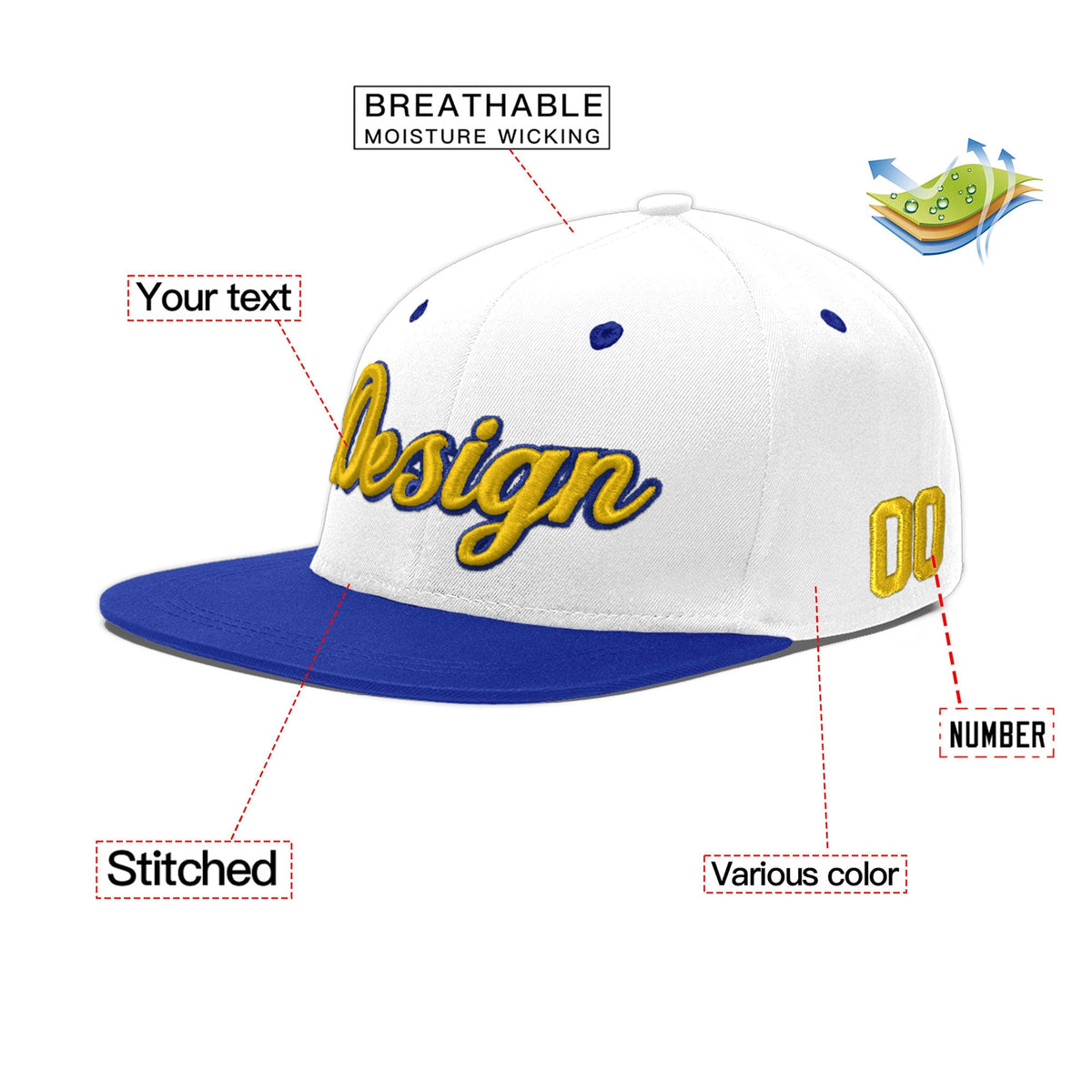 Custom White Royal Blue 21D Puff Embroidery Flat Embroidery Casual Sport Baseball Cap