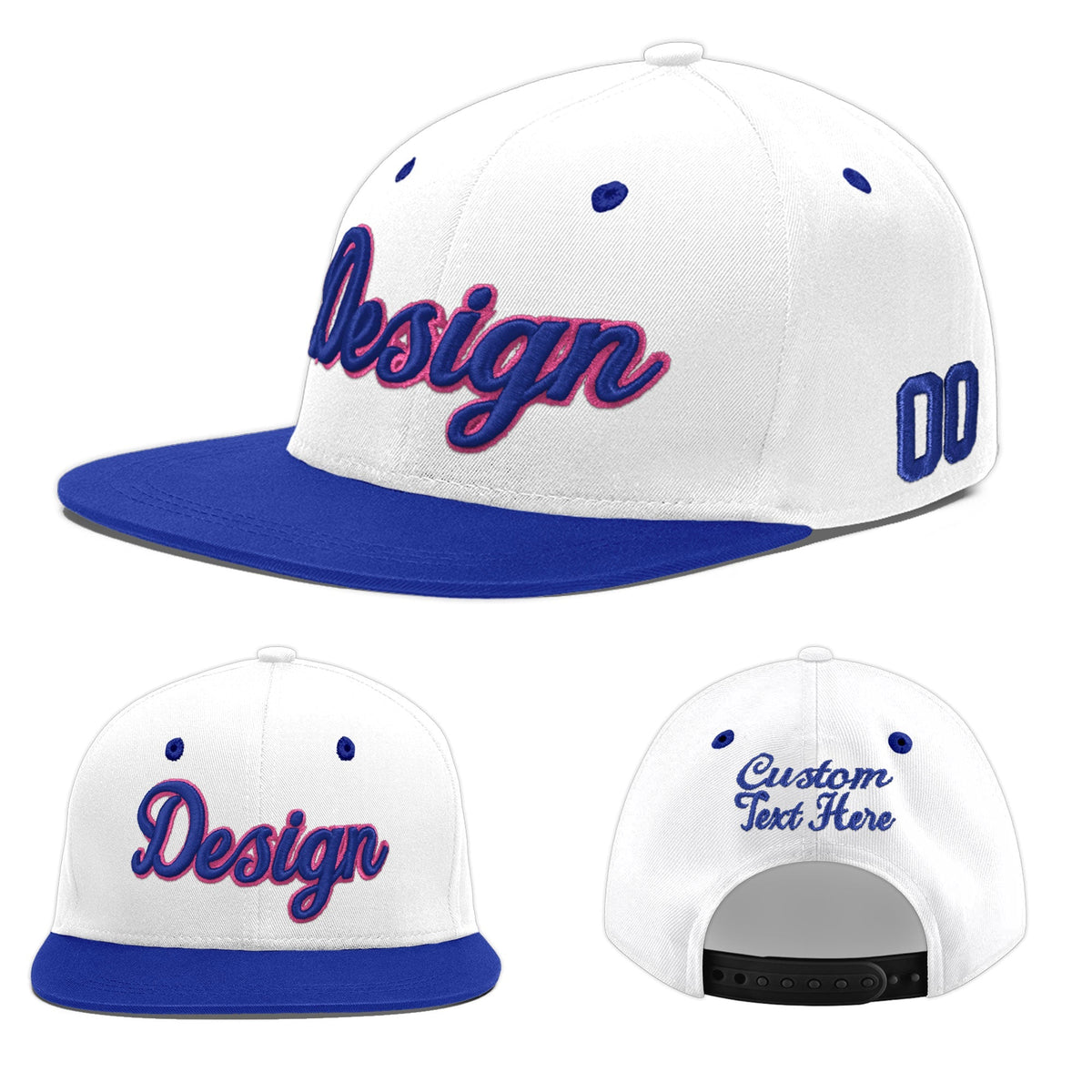 Custom White Royal Blue 36D Puff Embroidery Flat Embroidery Casual Sport Baseball Cap