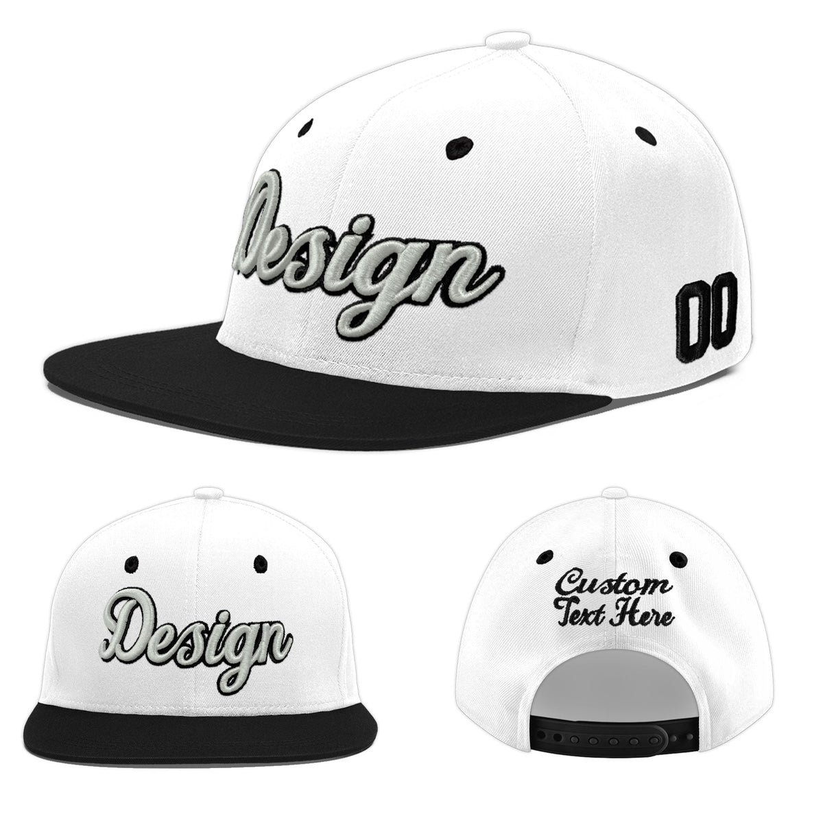 Custom White Black 3D Puff Embroidery Flat Embroidery Casual Sport Baseball Cap