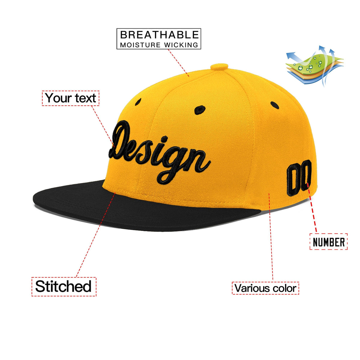 Custom Gold Black 3D Puff Embroidery Flat Embroidery Casual Sport Baseball Cap