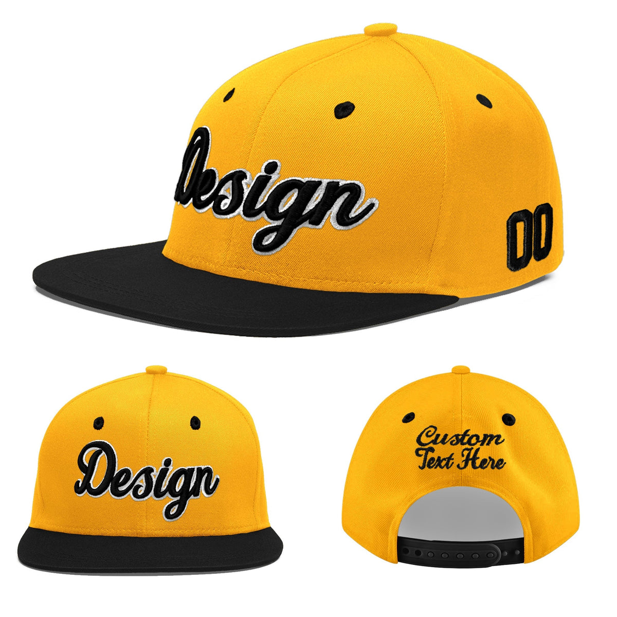 Custom Gold Black 3D Puff Embroidery Flat Embroidery Casual Sport Baseball Cap