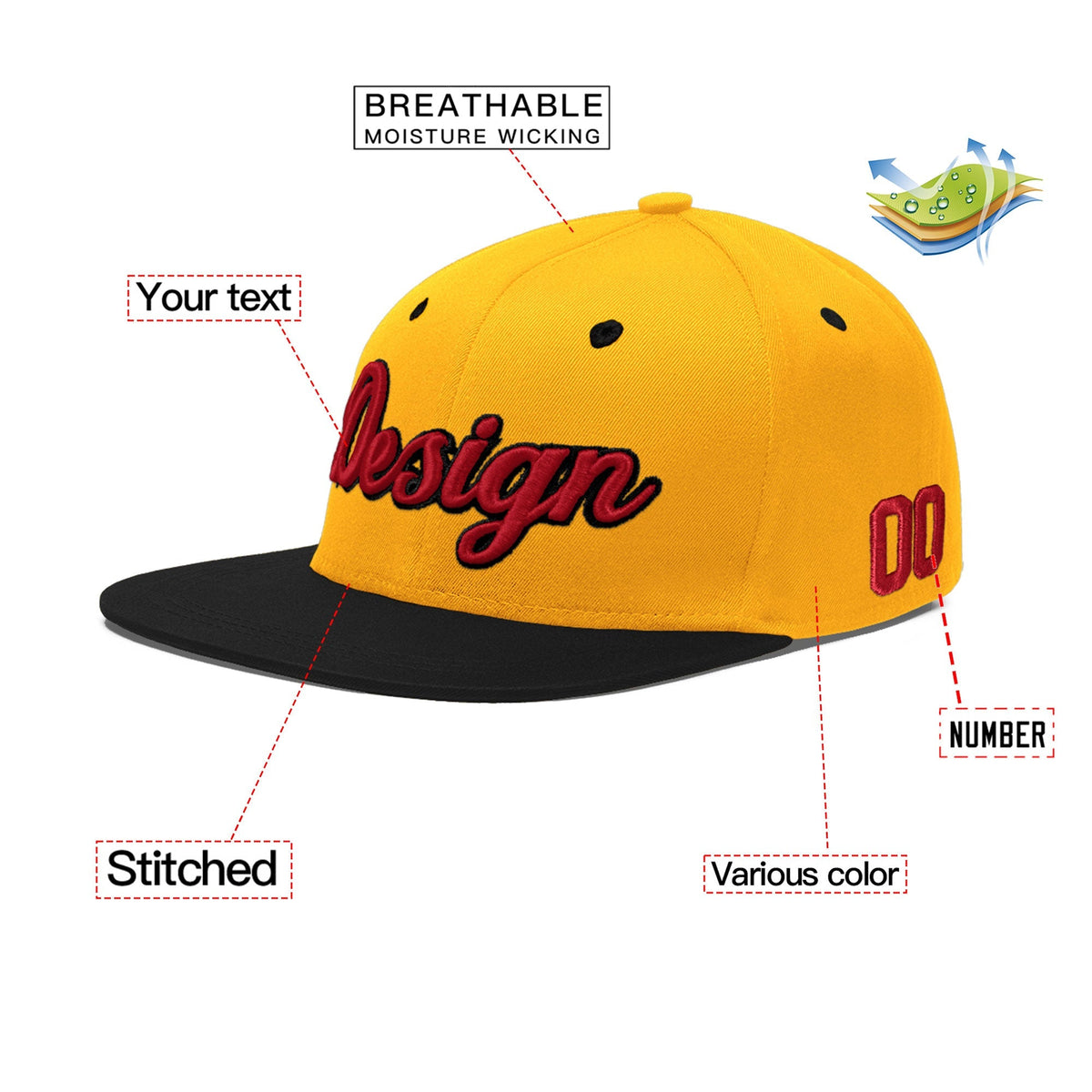 Custom Gold Black 5D Puff Embroidery Flat Embroidery Casual Sport Baseball Cap