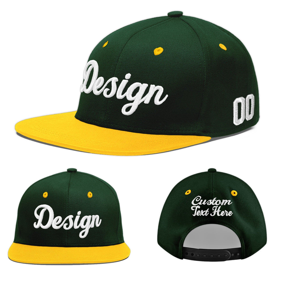 Custom Green Gold 3D Puff Embroidery Flat Embroidery Casual Sport Baseball Cap