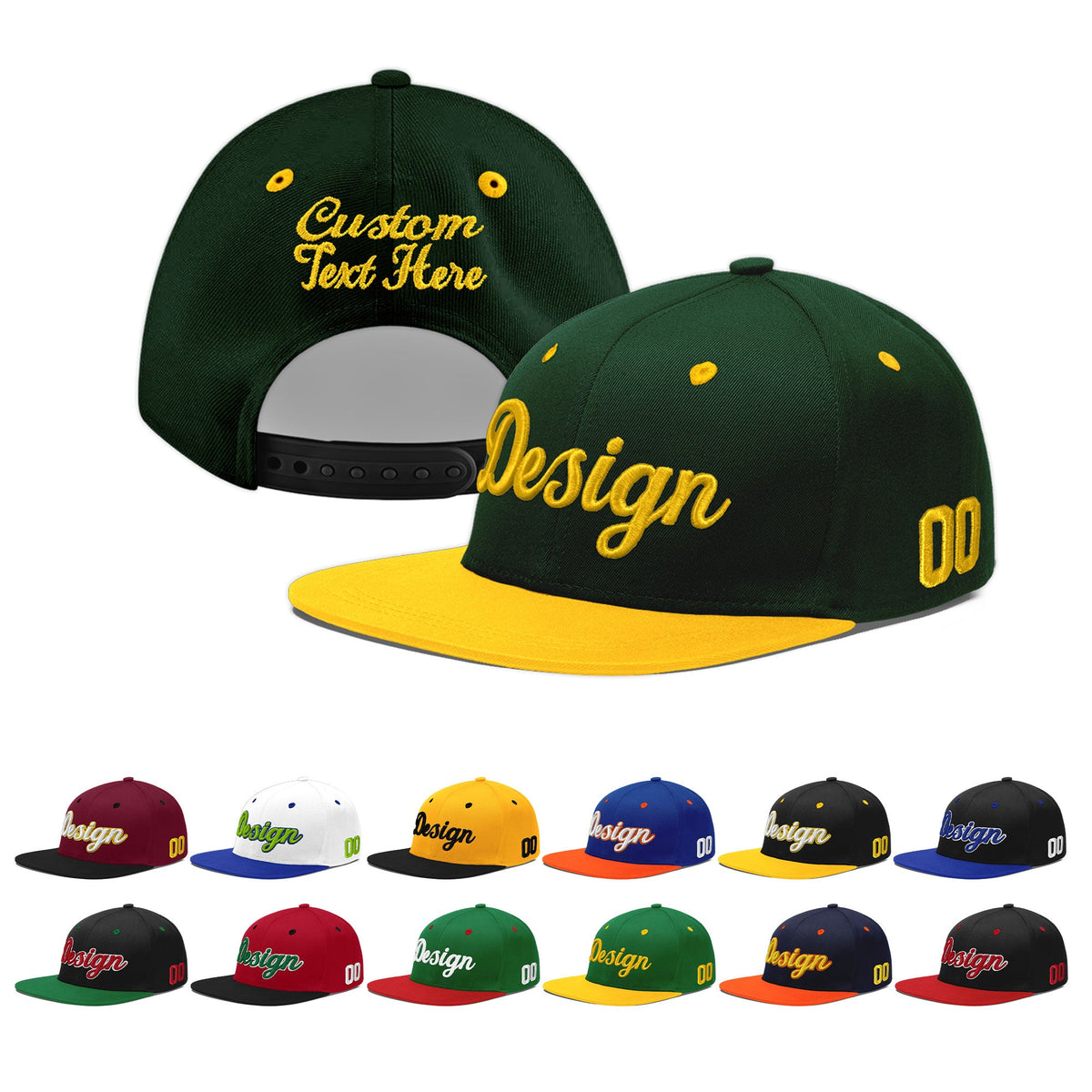Custom Green Gold 3D Puff Embroidery Flat Embroidery Casual Sport Baseball Cap