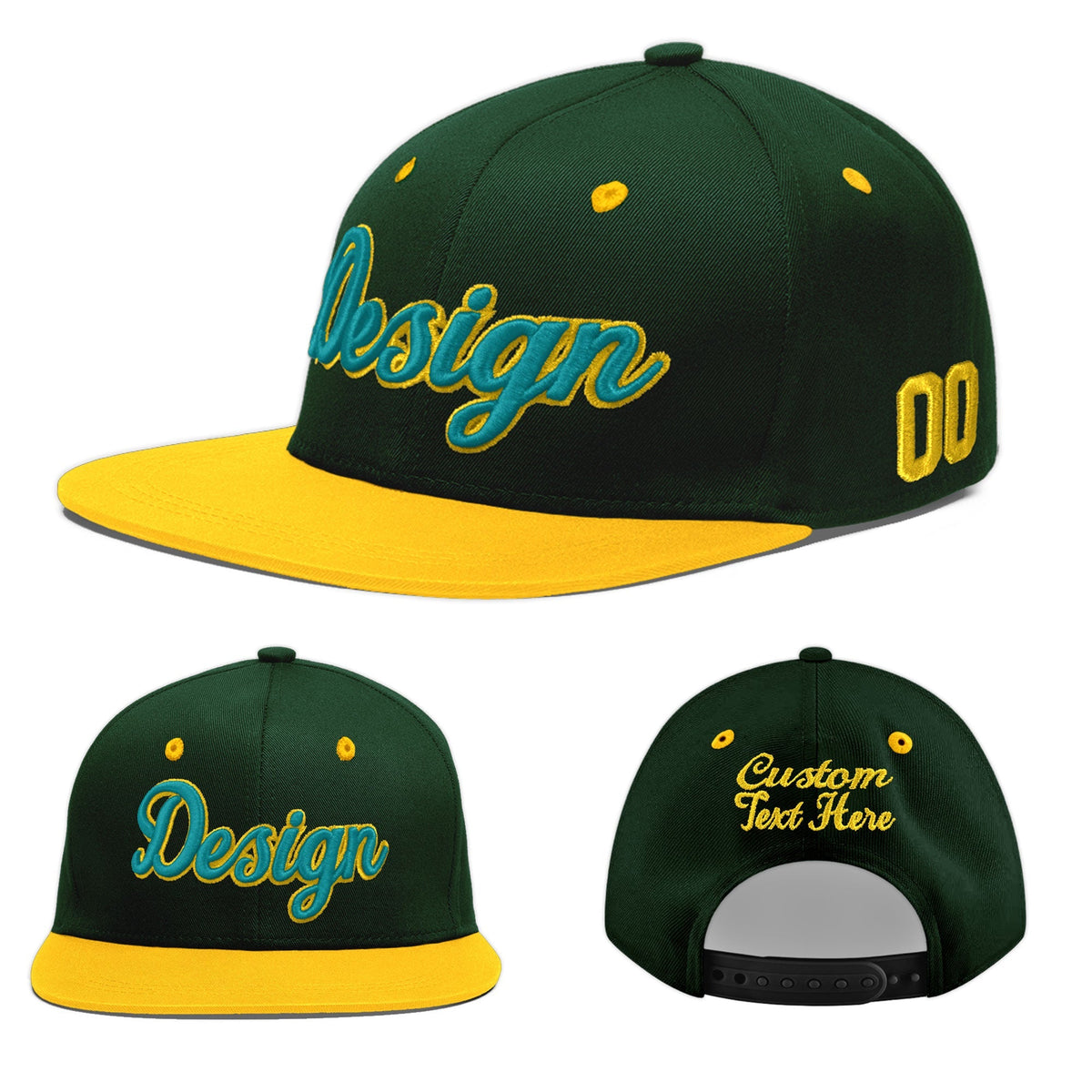 Custom Green Gold 3D Puff Embroidery Flat Embroidery Casual Sport Baseball Cap