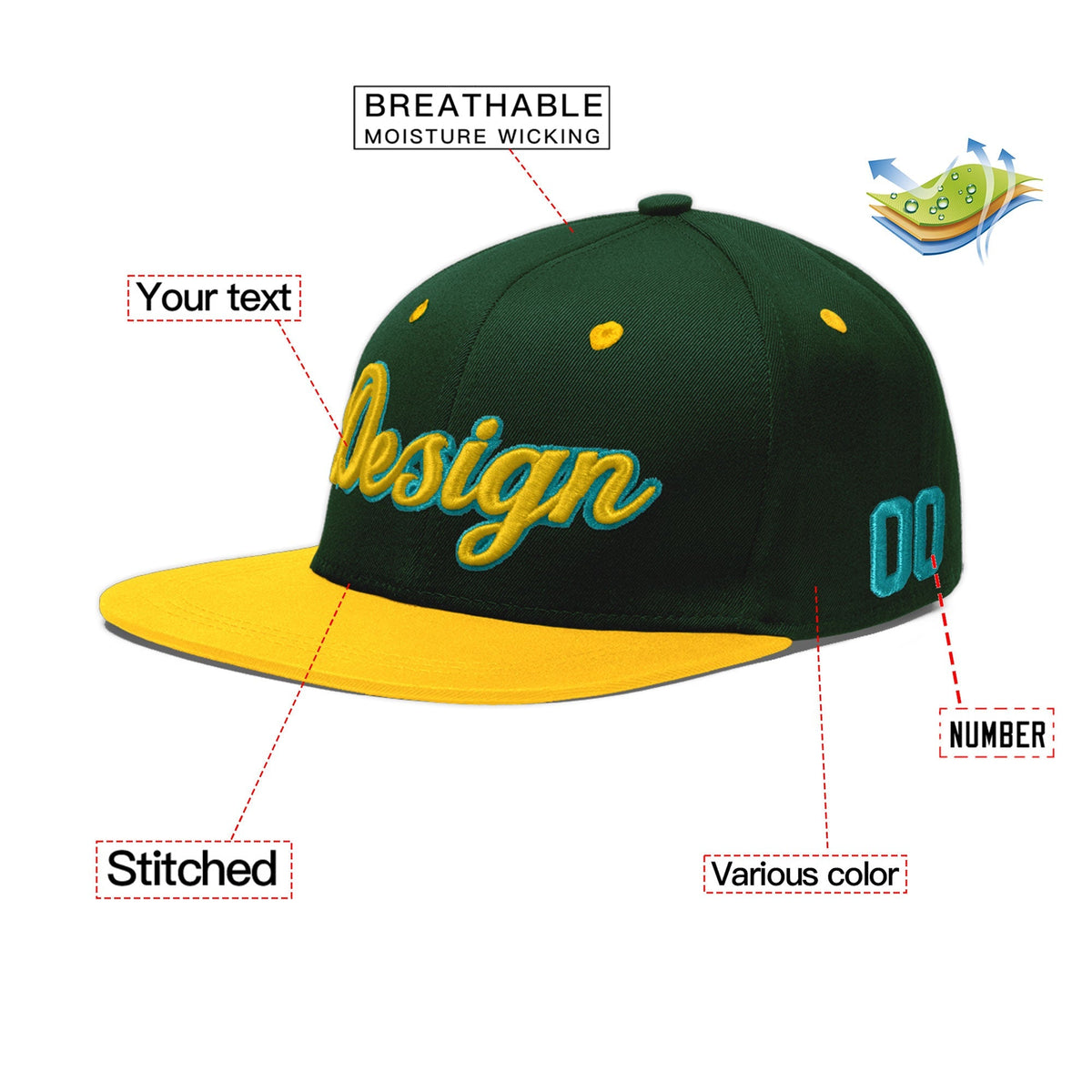 Custom Green Gold 3D Puff Embroidery Flat Embroidery Casual Sport Baseball Cap