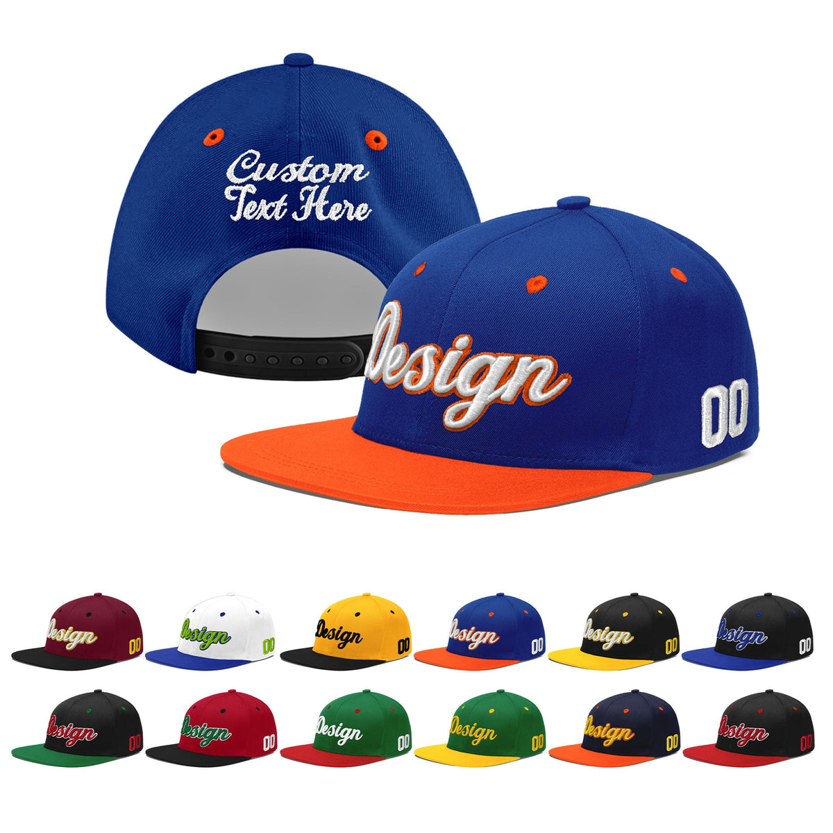 Custom Royal Blue Orange 3D Puff Embroidery Flat Embroidery Casual Sport Baseball Cap