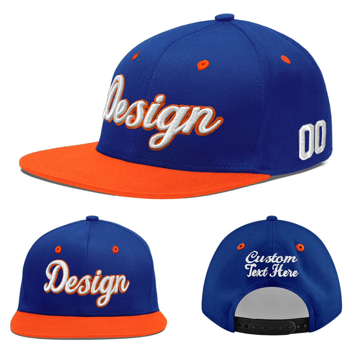 Custom Royal Blue Orange 3D Puff Embroidery Flat Embroidery Casual Sport Baseball Cap
