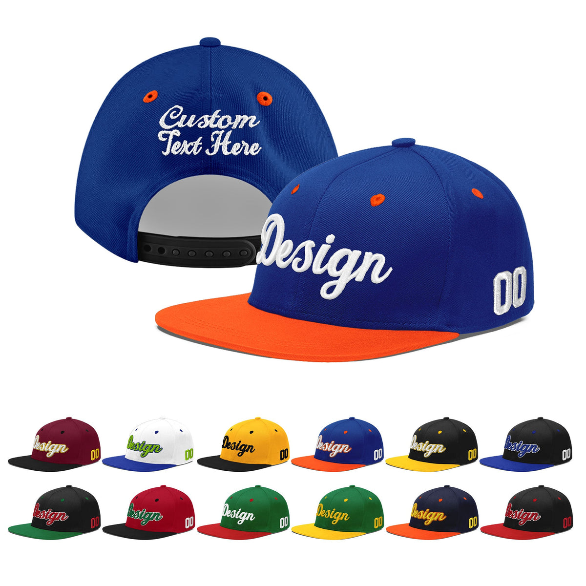 Custom Royal Blue Orange 3D Puff Embroidery Flat Embroidery Casual Sport Baseball Cap