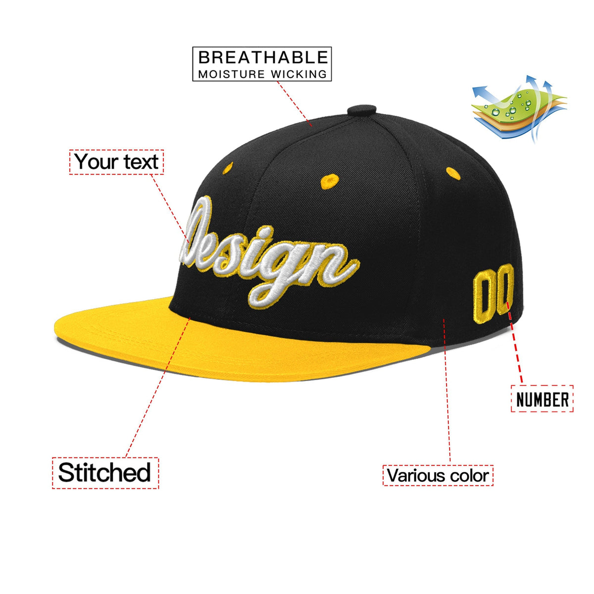 Custom Black Gold 3D Puff Embroidery Flat Embroidery Casual Sport Baseball Cap