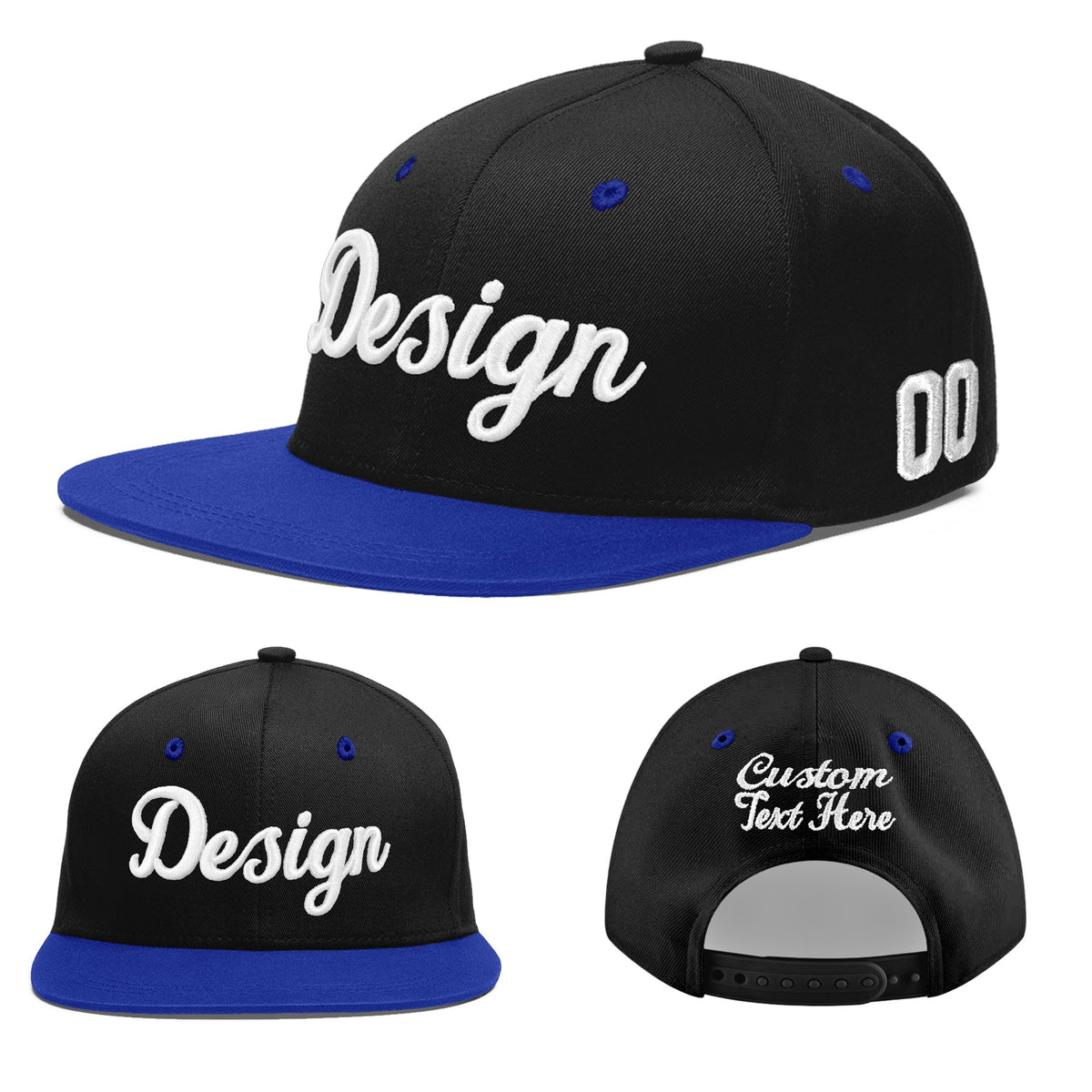 Custom Black Royal Blue 3D Puff Embroidery Flat Embroidery Casual Sport Baseball Cap