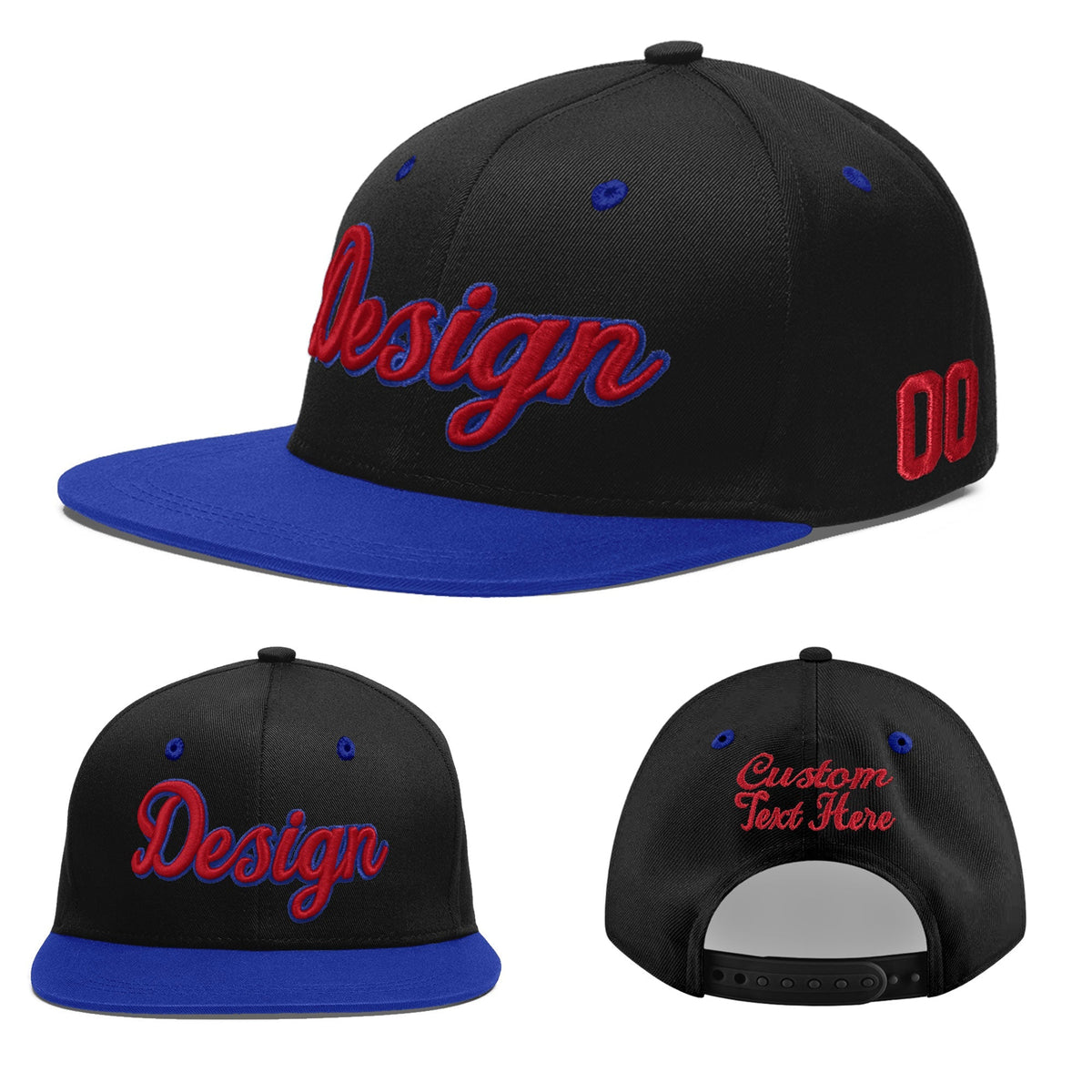 Custom Black Royal Blue 3D Puff Embroidery Flat Embroidery Casual Sport Baseball Cap