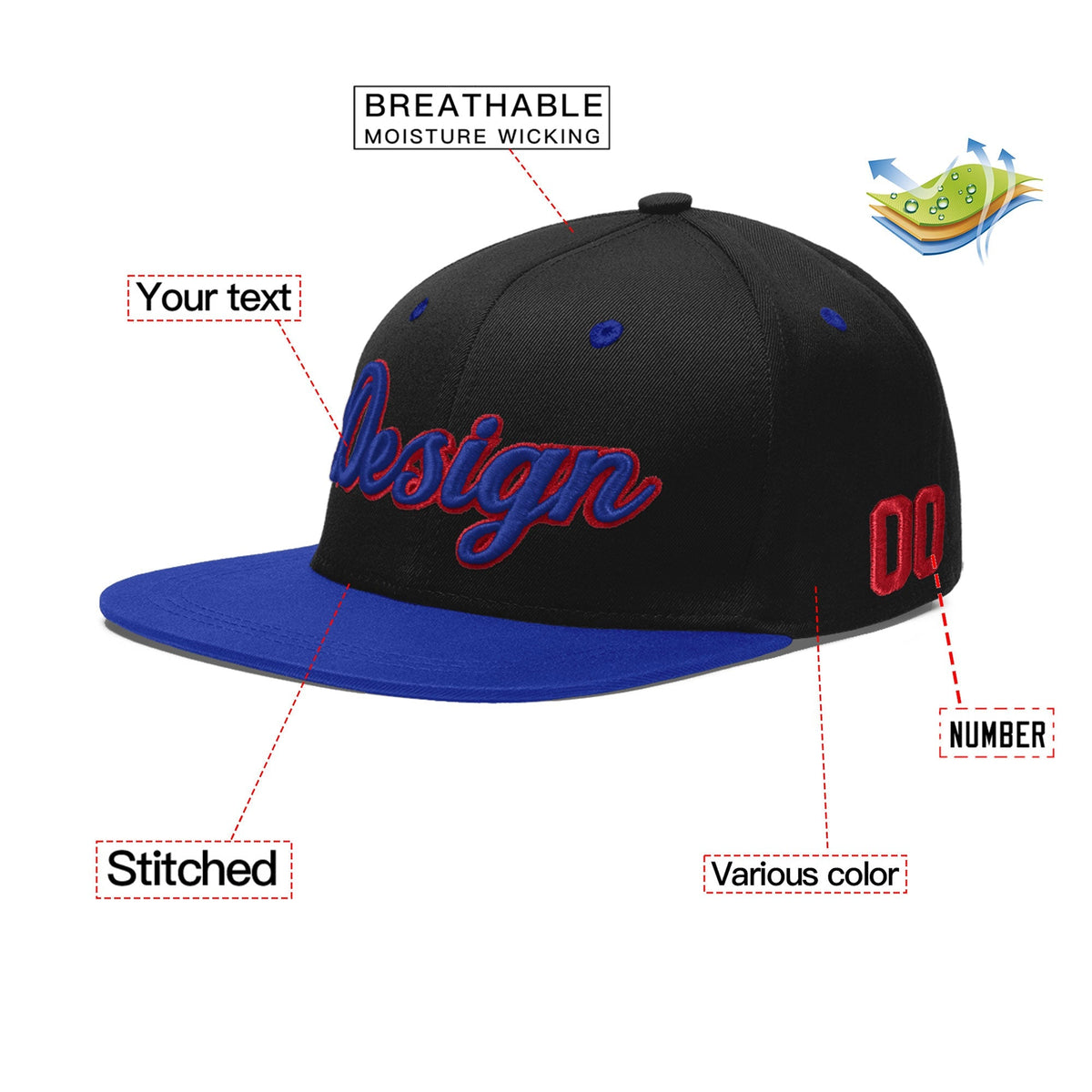 Custom Black Royal Blue 3D Puff Embroidery Flat Embroidery Casual Sport Baseball Cap