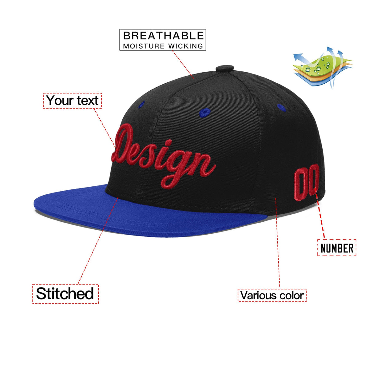 Custom Black Royal Blue 3D Puff Embroidery Flat Embroidery Casual Sport Baseball Cap