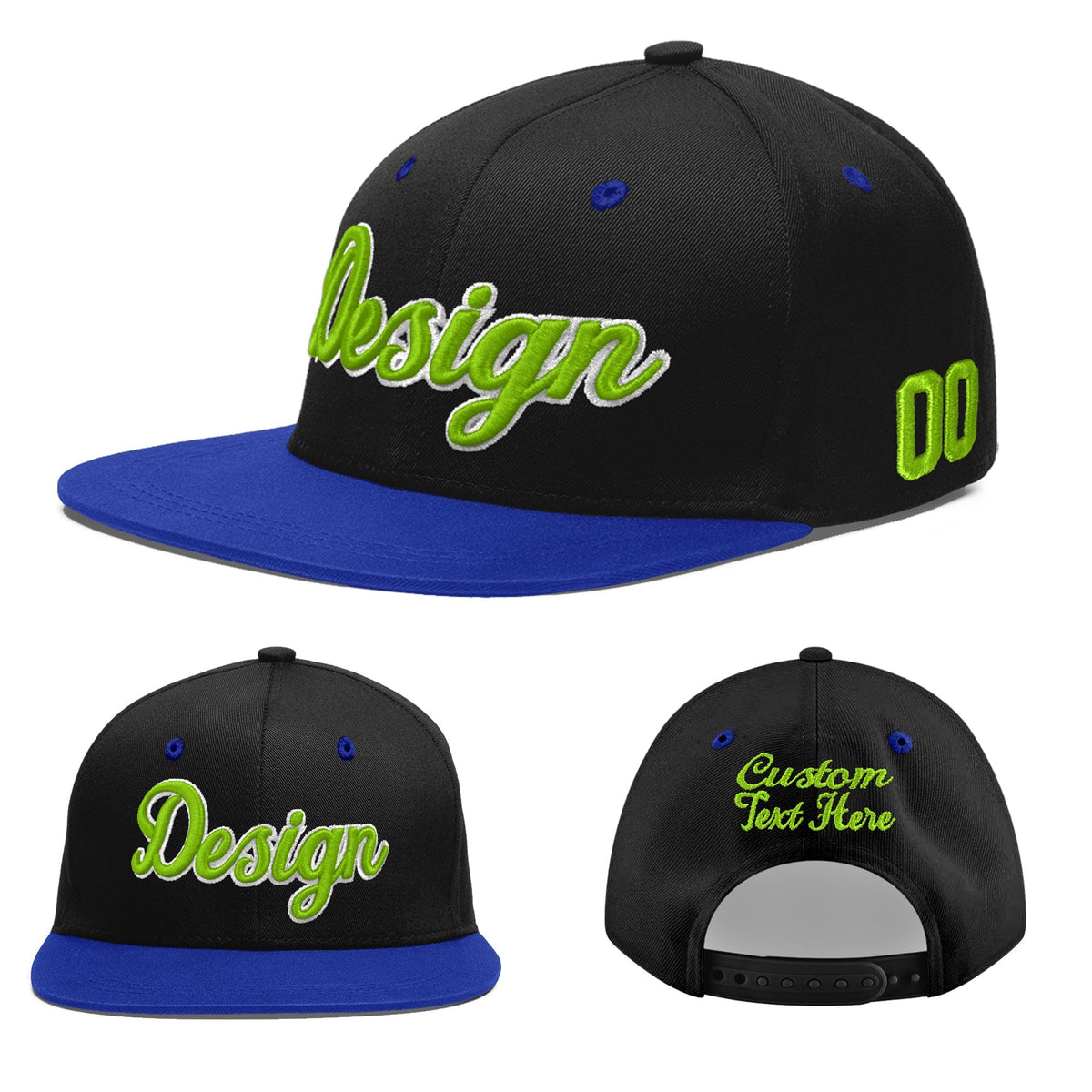 Custom Black Royal Blue 3D Puff Embroidery Flat Embroidery Casual Sport Baseball Cap