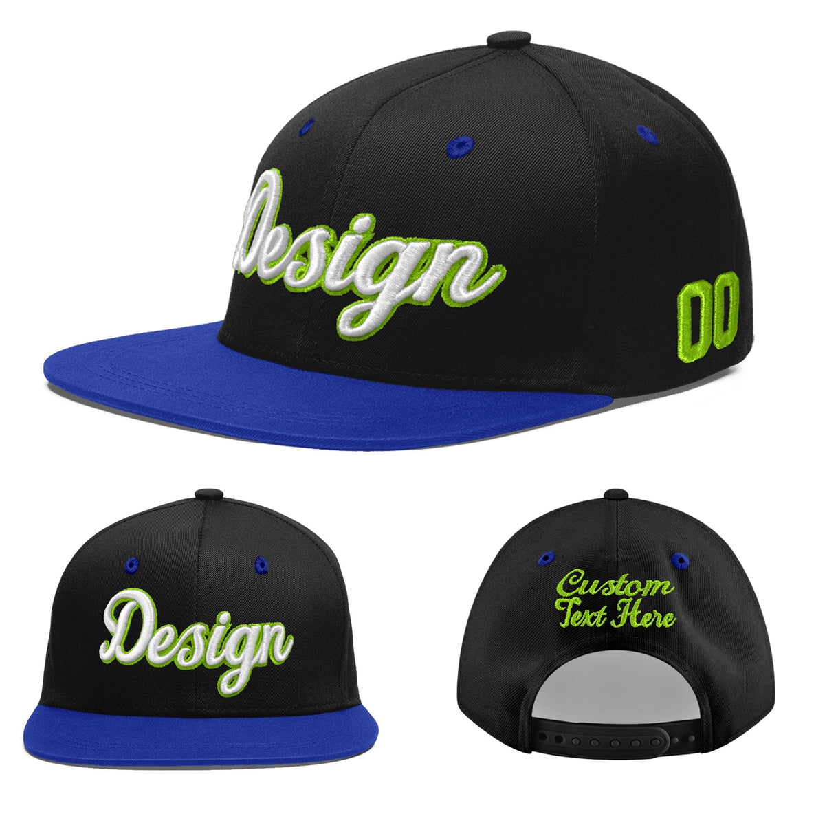 Custom Black Royal Blue 3D Puff Embroidery Flat Embroidery Casual Sport Baseball Cap