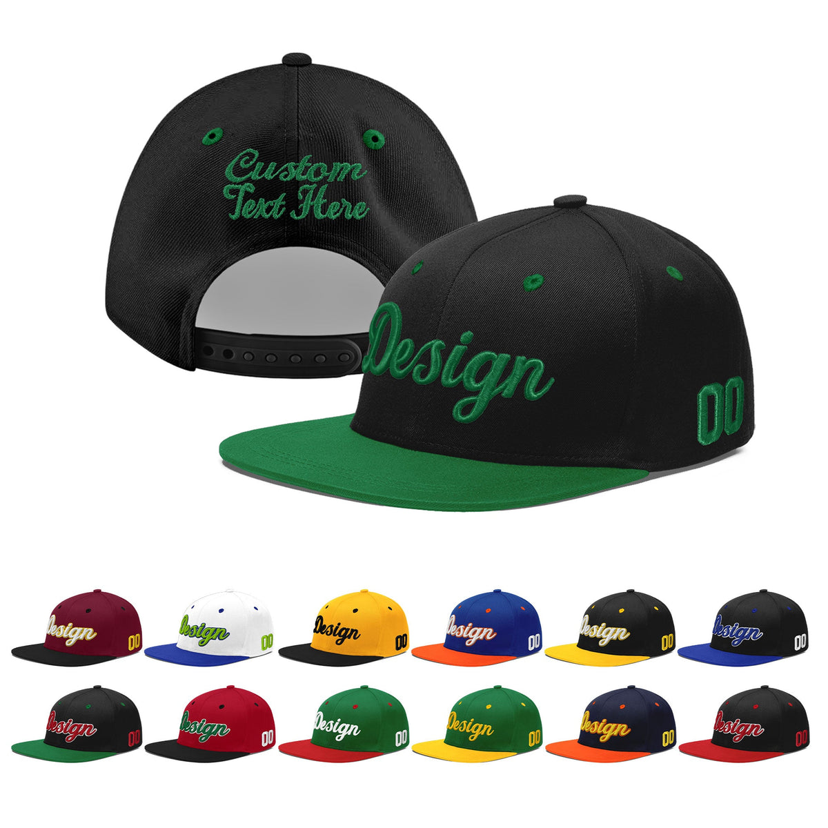 Custom Black Kelly Green 3D Puff Embroidery Flat Embroidery Casual Sport Baseball Cap