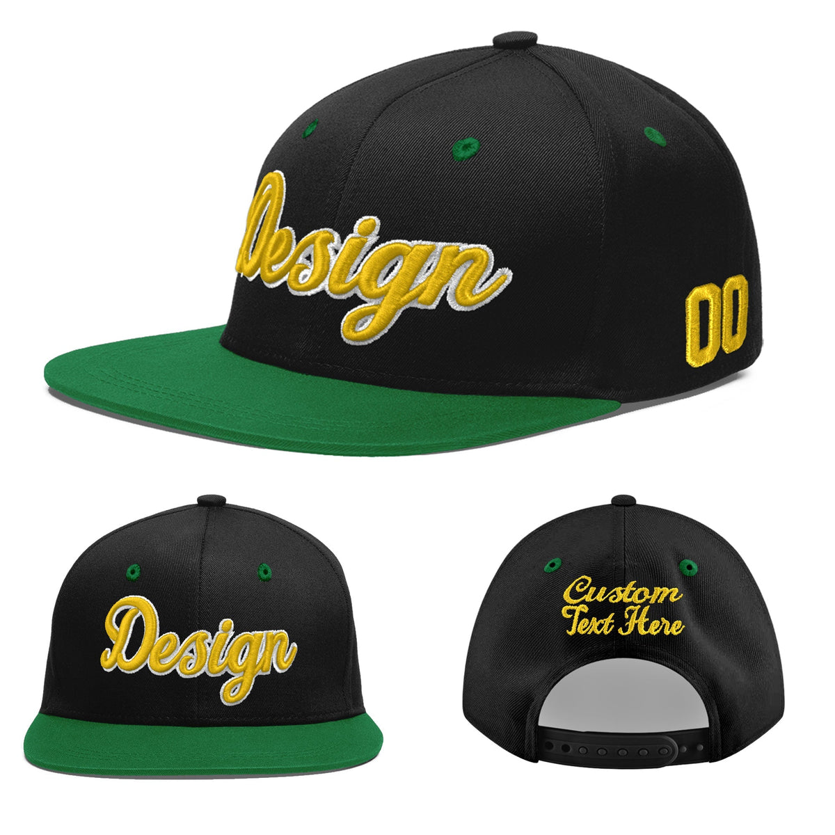 Custom Black Kelly Green 3D Puff Embroidery Flat Embroidery Casual Sport Baseball Cap