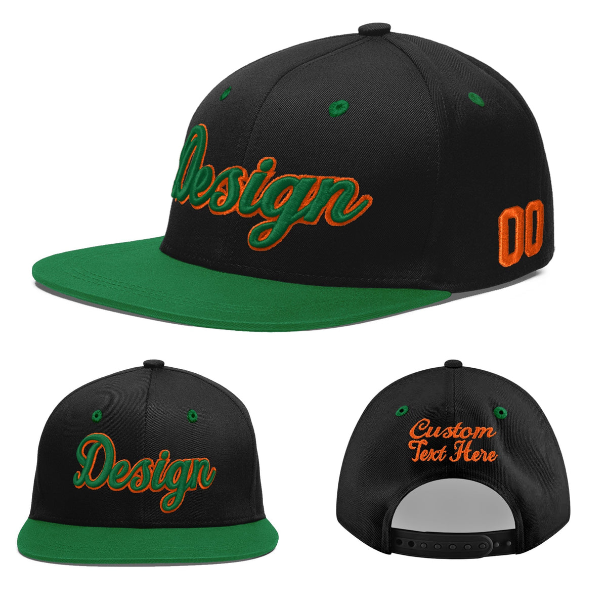 Custom Black Kelly Green 3D Puff Embroidery Flat Embroidery Casual Sport Baseball Cap