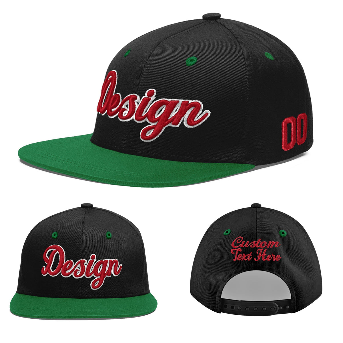 Custom Black Kelly Green 3D Puff Embroidery Flat Embroidery Casual Sport Baseball Cap