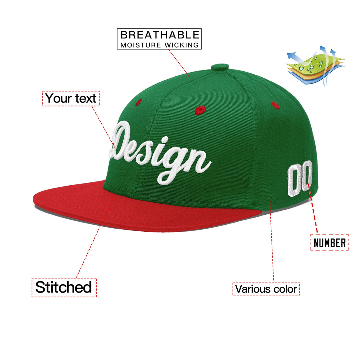 Custom Kelly Green Red 3D Puff Embroidery Flat Embroidery Casual Sport Baseball Cap