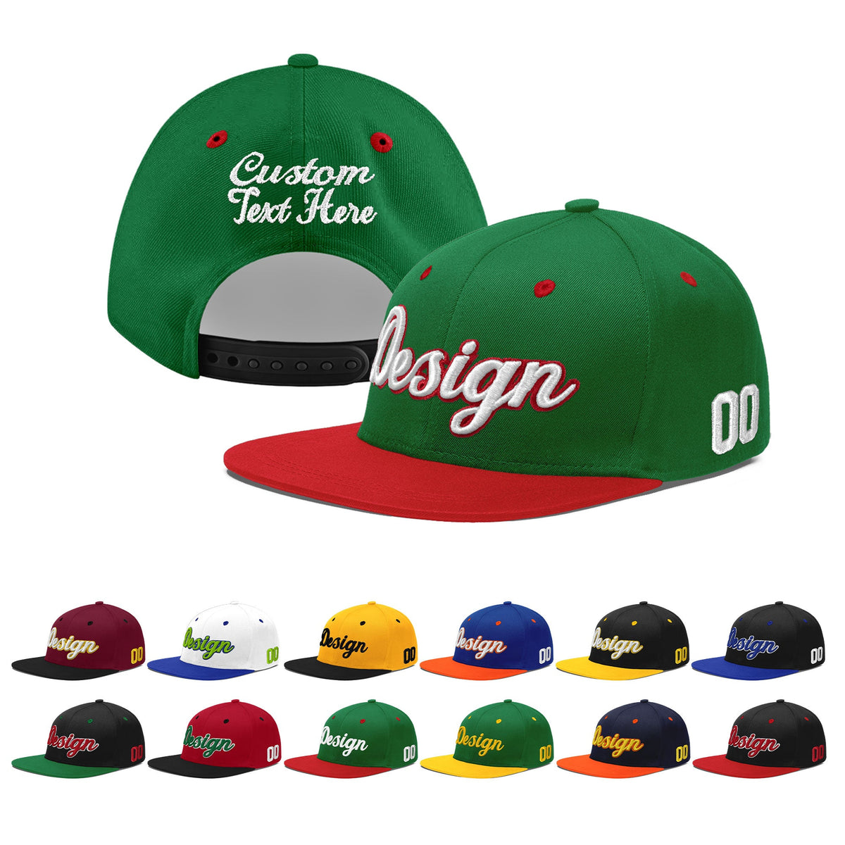 Custom Kelly Green Red 3D Puff Embroidery Flat Embroidery Casual Sport Baseball Cap