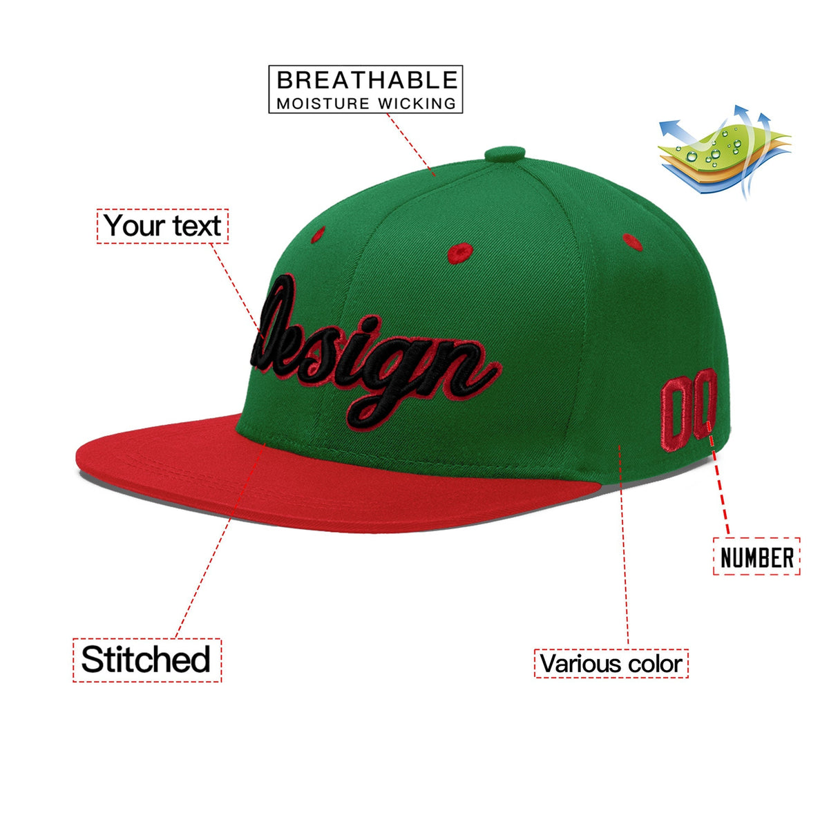 Custom Kelly Green Red 3D Puff Embroidery Flat Embroidery Casual Sport Baseball Cap