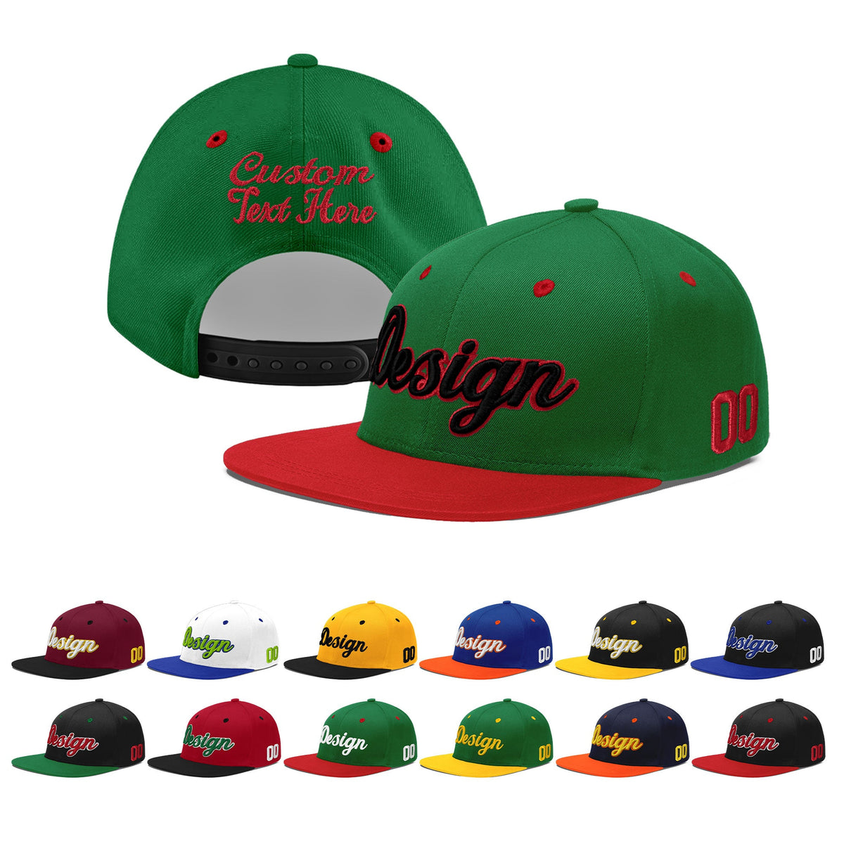 Custom Kelly Green Red 3D Puff Embroidery Flat Embroidery Casual Sport Baseball Cap