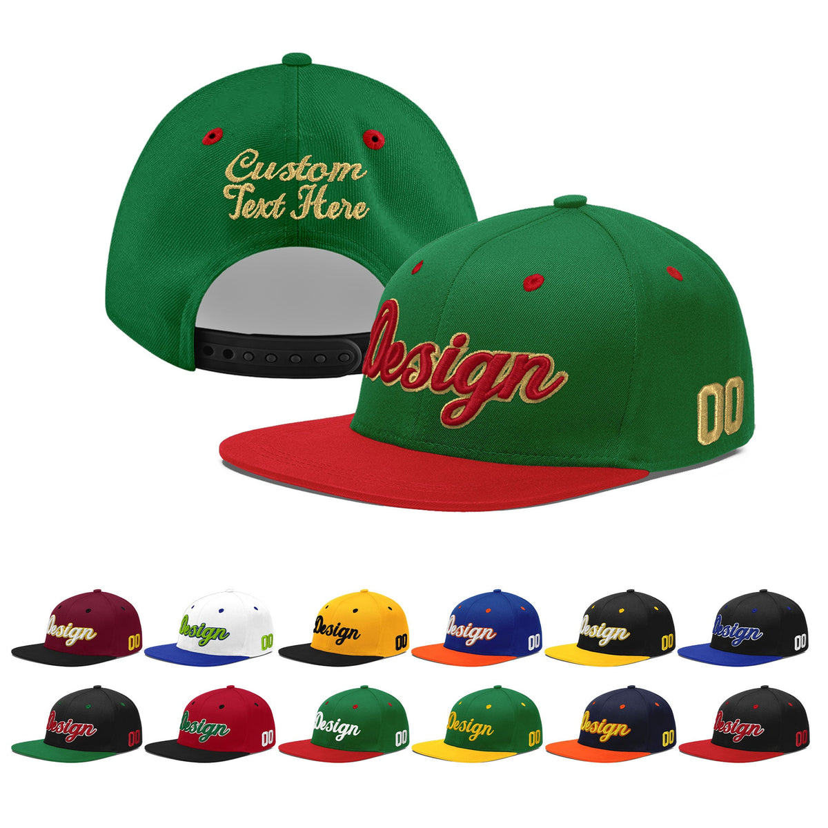 Custom Kelly Green Red 3D Puff Embroidery Flat Embroidery Casual Sport Baseball Cap