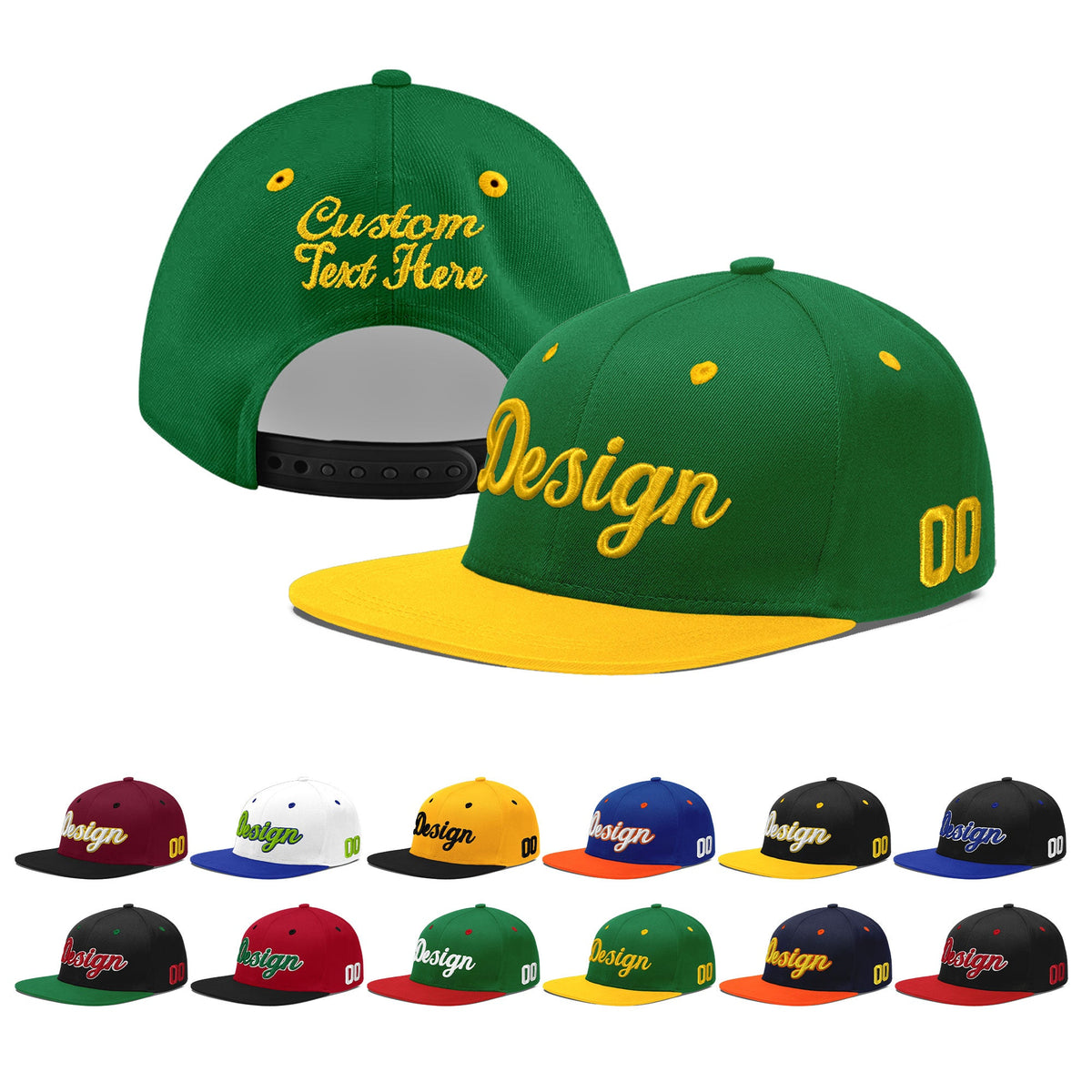 Custom Kelly Green Gold 3D Puff Embroidery Flat Embroidery Casual Sport Baseball Cap