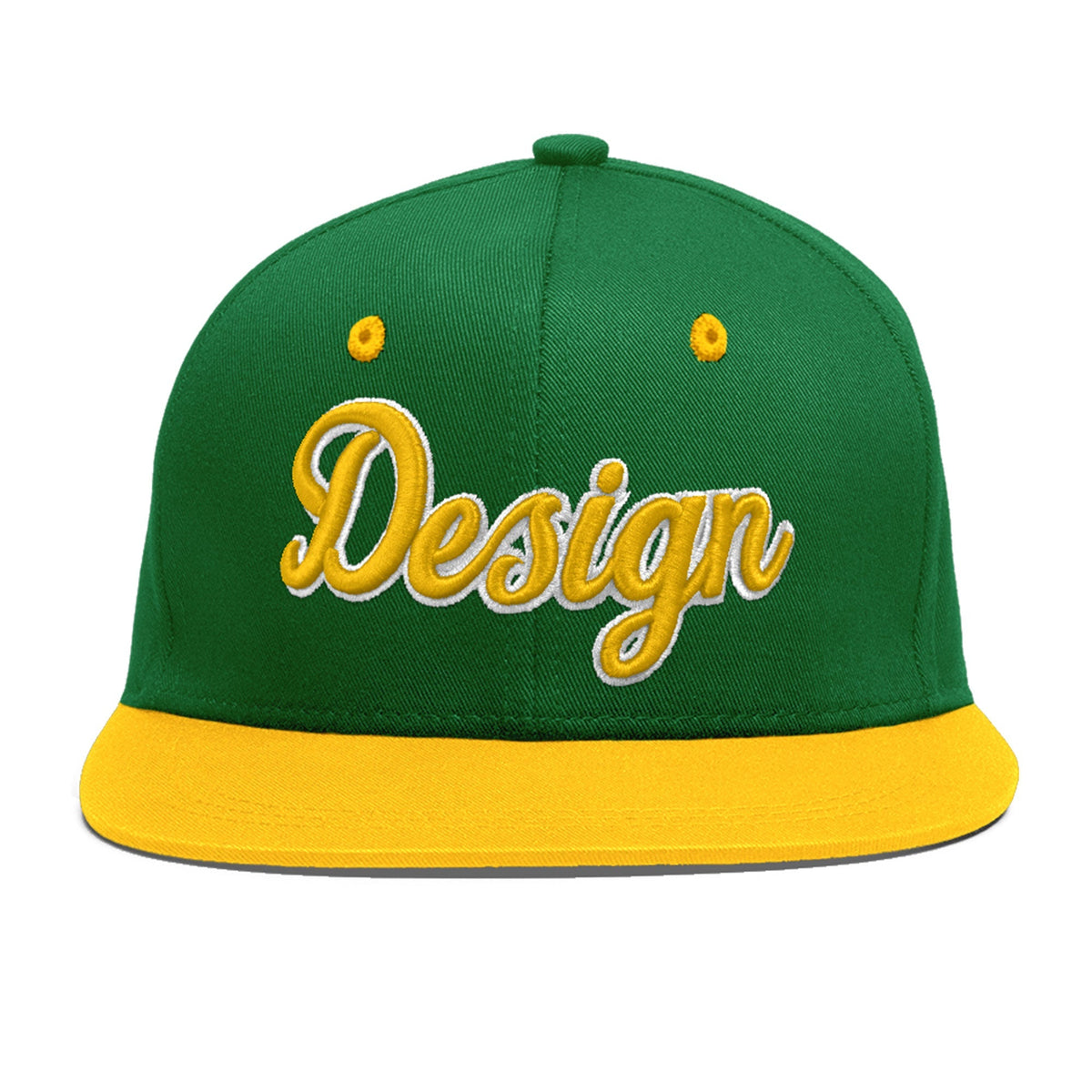 Custom Kelly Green Gold 3D Puff Embroidery Flat Embroidery Casual Sport Baseball Cap