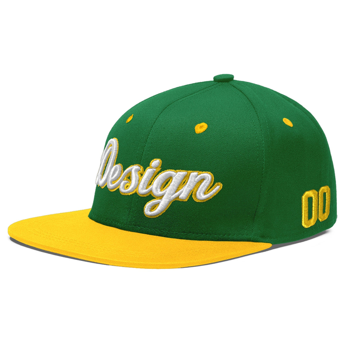 Custom Kelly Green Gold 3D Puff Embroidery Flat Embroidery Casual Sport Baseball Cap