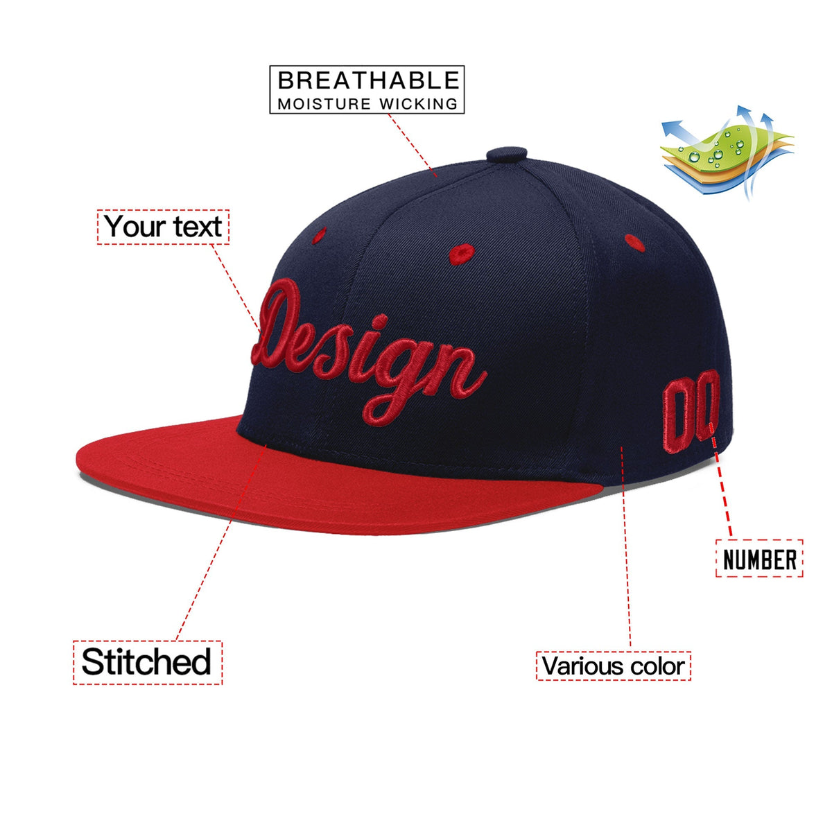 Custom Navy Red 3D Puff Embroidery Flat Embroidery Casual Sport Baseball Cap