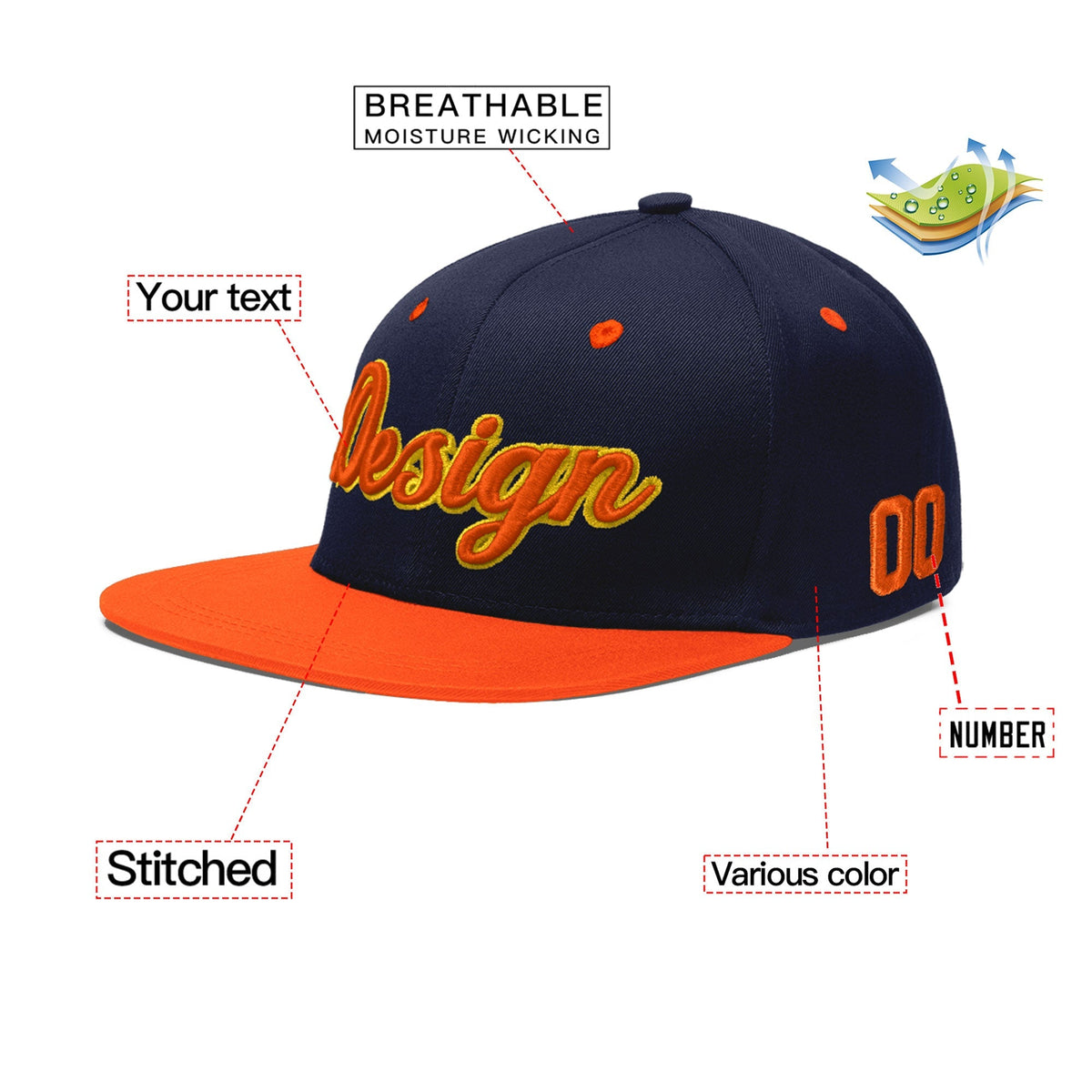 Custom Navy Orange 3D Puff Embroidery Flat Embroidery Casual Sport Baseball Cap
