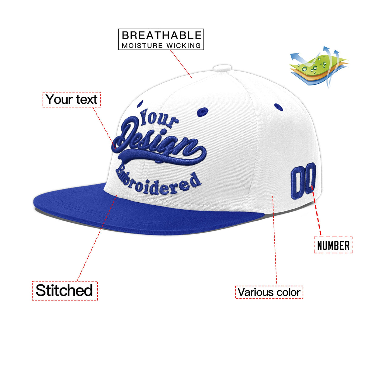 Custom White Royal Blue 3D Puff Embroidery Flat Embroidery Casual Sport Baseball Cap