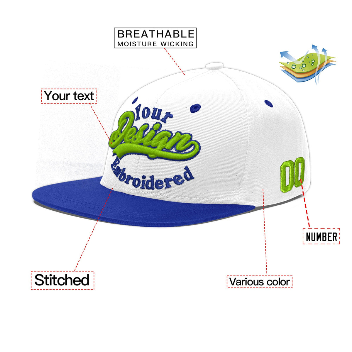 Custom White Royal Blue 3D Puff Embroidery Flat Embroidery Casual Sport Baseball Cap