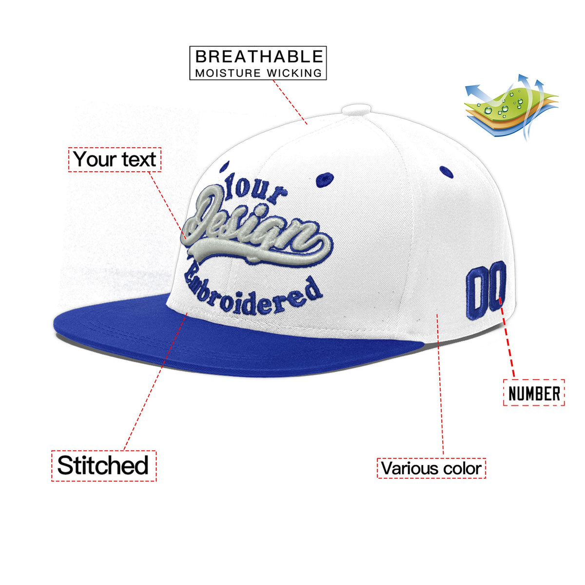 Custom White Royal Blue 181D Puff Embroidery Flat Embroidery Casual Sport Baseball Cap