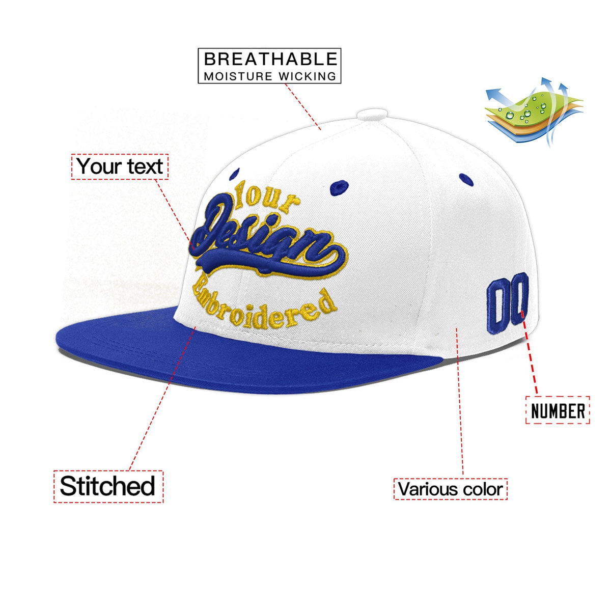 Custom White Royal Blue 173D Puff Embroidery Flat Embroidery Casual Sport Baseball Cap